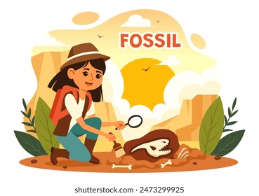 Fossil Vector Illustration of Archaeologists Discovering Dinosaur Skeletons During Excavations, Depicted in a Flat Cartoon Style Background