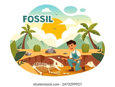 Fossil Vector Illustration of Archaeologists Discovering Dinosaur Skeletons During Excavations, Depicted in a Flat Cartoon Style Background