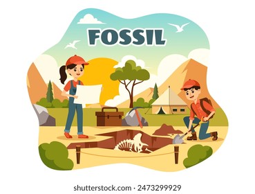 Fossil Vector Illustration of Archaeologists Discovering Dinosaur Skeletons During Excavations, Depicted in a Flat Cartoon Style Background