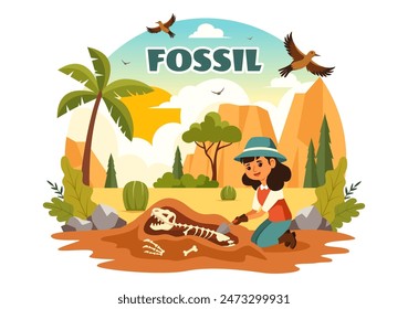 Fossil Vector Illustration of Archaeologists Discovering Dinosaur Skeletons During Excavations, Depicted in a Flat Cartoon Style Background
