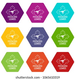 Fossilized lizard icons 9 set coloful isolated on white for web