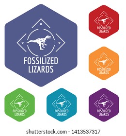 Fossilized lizard icons vector colorful hexahedron set collection isolated on white 