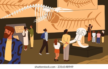 Exposición de fósiles y huesos en el museo de arqueología y paleontología. Visitantes visitando, viendo esqueletos de dinosaurios de prehistoria, exposición arqueológica. Ilustración vectorial plana