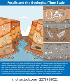 Fósiles y la ilustración de la escala de tiempo geológica