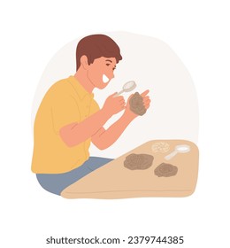 Fossils aislaron la ilustración vectorial de dibujos animados. Hombre con recolección de fósiles, actividad práctica, hallazgos paleontológicos, estudio rock con lupa de vidrio, dibujos de vectores relacionados con la naturaleza.