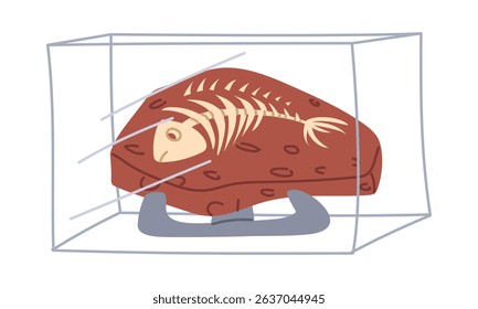 Fossils with the skeleton of a fish on stand under glass as a museum exhibit. Silhouette of a dinosaur in stone. Flat color illustration. For scientific projects, encyclopedias, and museum exhibitions