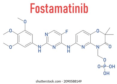 Fostamatinib rheumatoid arthritis drug molecule. Syk inhibitor. Skeletal formula.