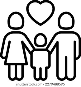 Foster family thin line icon, silhouettes of mother, father and child with heart above. Modern vector illustration, logo for adoption company.