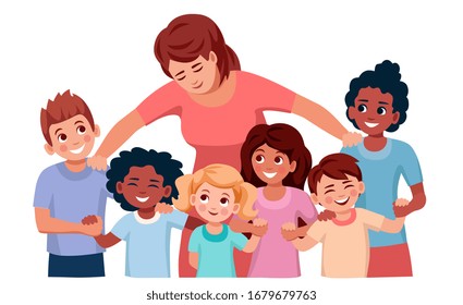 foster mother or teacher hugs a group of children holding hands of different ages and nations