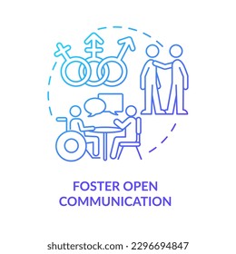 Foster open communication blue gradient concept icon. Making DEI efforts effective practice abstract idea thin line illustration. Isolated outline drawing. Myriad Pro-Bold font used