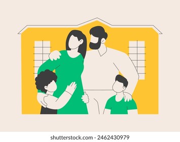 Fomentar la Ilustración vectorial de conceptos abstractos de los padres. Cuidado de acogida, padre en adopción, familia interracial feliz, divertirse, juntos en casa, pareja sin hijos, metáfora abstracta de niño adoptado.