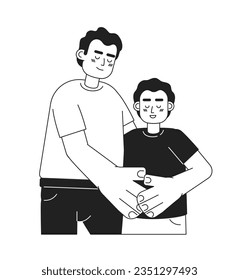 Foster parent embracing preteen boy monochromatic flat vector characters. Father hugging child. Adoption day. Editable thin line people on white. Simple bw cartoon spot image for web graphic design