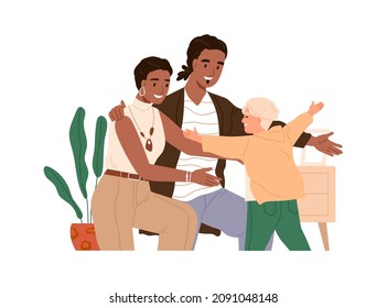 Los padres de acogida abrazan a un niño adoptado. Familia feliz con un niño adoptivo. Madre africana y padre con hijo de diferente raza. Concepto de adopción. Ilustración vectorial plana aislada en fondo blanco