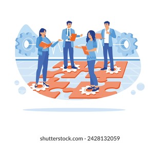  Fostering cooperation by groups to form teams. Newbie employee. Discussing goal thinking and puzzle infographic. Team communication. flat vector modern illustration 