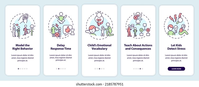 Fomento de la regulación emocional en pantalla de aplicaciones móviles para niños. Recorrido 5 pasos instrucciones gráficas editables con conceptos lineales. UI, UX, plantilla GUI. Multitud de tipos de letra Pro-Bold, con uso regular