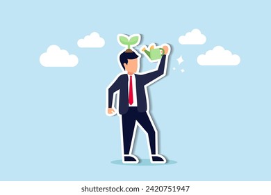 Fostering growth, a businessman with a growth mindset uses a watering can to nurture a seedling, symbolizing self-improvement and a positive attitude for learning.
