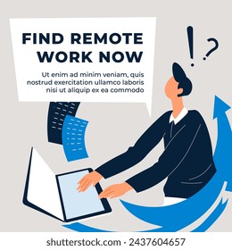 Fostering innovation, collaboration and personal growing with remote work. Flexible and fulfilling career accessible by computer. Promo banner with man working on laptop online. Vector in flat style