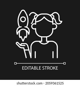 Fostering kids creativity white linear icon for dark theme. Teach and encourage children. Thin line customizable illustration. Isolated vector contour symbol for night mode. Editable stroke