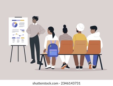 Fostering learning, diverse staff in workshops, HR seminars, a lecturer presents a research via flipchart to young adult employees sitting on a bench