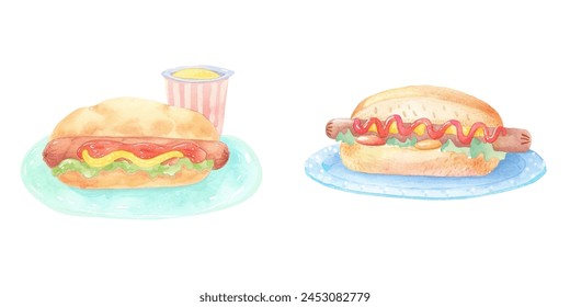 fotdog wit ketcup and mustard watercolor vector illustration 
