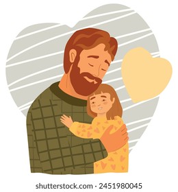 A Fother tenderly hugs her little daughter. He holds her in his arms. Green, yellow colours. Vector illustration for magazines, postcards, websites