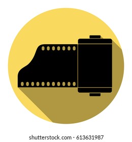 Foto camera casset sign. Vector. Flat black icon with flat shadow on royal yellow circle with white background. Isolated.