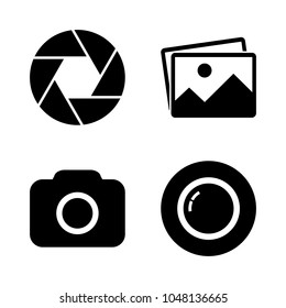 Foto camera icon set. Picture, focus, camera, lens symbols. Simple abstract signs in black. Modern flat vector illustration for graphic design, logo, Web, UI, mobile upp