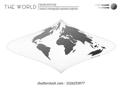 Foucault's stereographic equivalent projection of the world. World map in polygonal style with grey shades colored polygons. Awesome vector illustration.