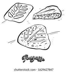 Fougasse food sketch separated on white. Vector drawing of Yeast bread, usually known in France. Food illustration series.