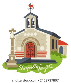 Foujita chapel. Region Champagne-Ardenne, France. Vector isolated illustration with lettering.