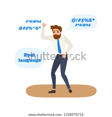 Foul language and swear words. Man with bad behavior speaking with dirty words. Flat vector illustration
