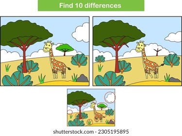 Found 10 differences in the giraffe picture. Cute giraffe. education of preschoolers. Vector cartoon illustration
