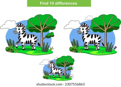 Found 10 differences in zebra images. Child education. Laihan preschooler. Zebra vector illustration