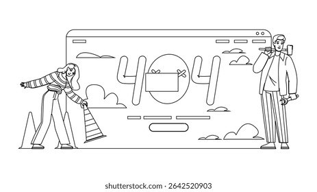 encontrado vetor de erro 404. desconectar laptop, computador arrependido, sistema elétrico encontrado caractere de erro 404. ilustração de desenho de lápis de linha preta de pessoas