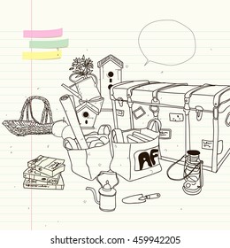found in the attic, old vintage objects  sketch