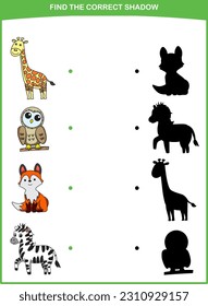 Found the correct animal shadow. Giraffe owl, fox, zebra. Kids educational games. Vector illustration