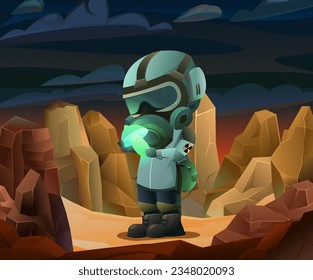 Found glowing mushroom. character in overalls and gas mask among rocks. Fantasy landscape. Funny cartoon style. Vector