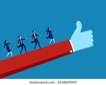 Found a good business opportunity. team of businessmen follow the hand that gives a thumbs up