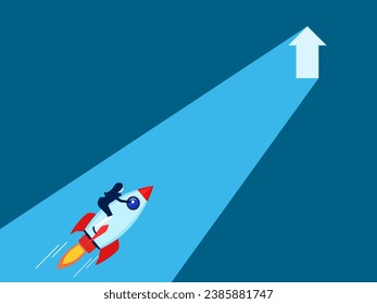 Found growth opportunities. woman flies in a rocket heading towards the gate with glowing arrows