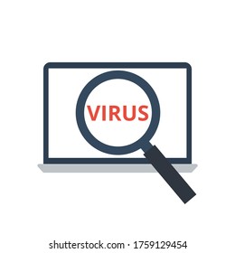 Found malware, virus on laptop vector. Cyber security and technology concept. Antivirus, anti-malware software concept. Flat illustration on white background.