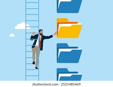 Found a new folder. Entrepreneur businessman manage to prioritize folders. Arrange to do list which job to do before and after. Modern vector illustration in flat style