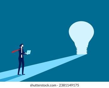 Found new knowledge. Businessman sees light on a light bulb door