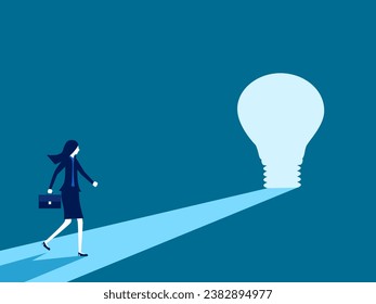 Found new wisdom. Businesswoman sees light on a light bulb door