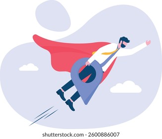 Found a pin. Businessman flying searching for location. Vector

