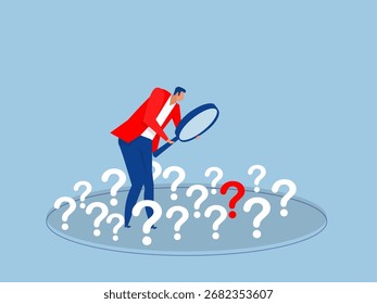 Found a lot of problems,businessman uses a magnifying glass to examine a question mark Analyzing and researching problems and finding solutions vector