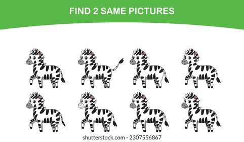 Found the same zebra picture. Child education. Preschooler exercise sheet. Zebra vector illustration