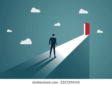 Found secrets, businessman walking to open red door concept. hole door, Searching, Looking for talent and success opportunities. Symbol new career. vector illustrator.