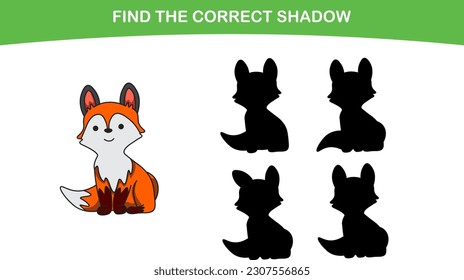 Found the shadow of a cute fox. Education of preschoolers. Find the right shadow. Cute orange fox. Vector illustration