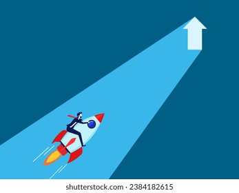 Found a way to progress. businessman flies in a rocket heading towards the gate with glowing arrows