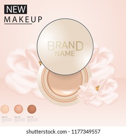 foundation ads, attractive makeup essential product with texture 3d illustration On background with beautiful roses vector